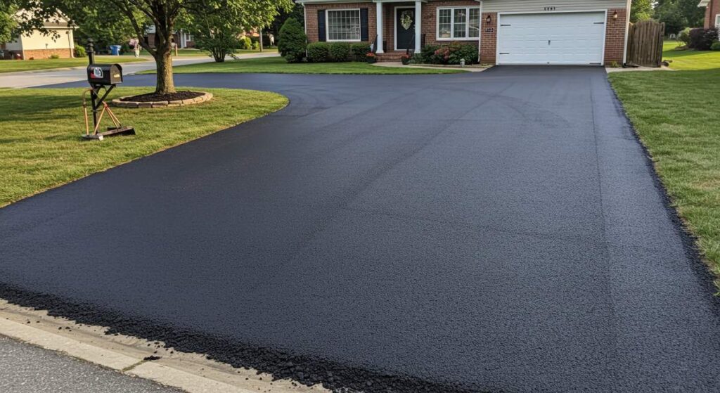 Workers resurfacing a residential asphalt driveway with paving equipment and fresh blacktop.