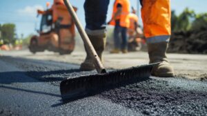 A homeowner using a long-handled squeegee to apply sealer on a residential asphalt driveway.