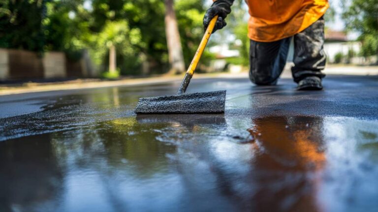 A person sealing a residential asphalt driveway with a squeegee on a clear day.