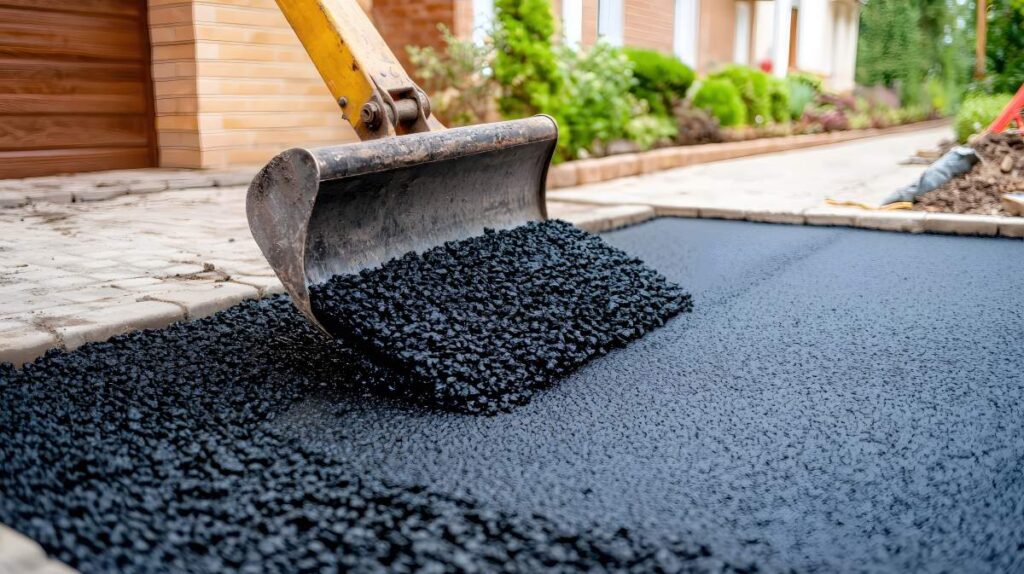A homeowner filling a small crack in a blacktop driveway with sealant on a sunny day.