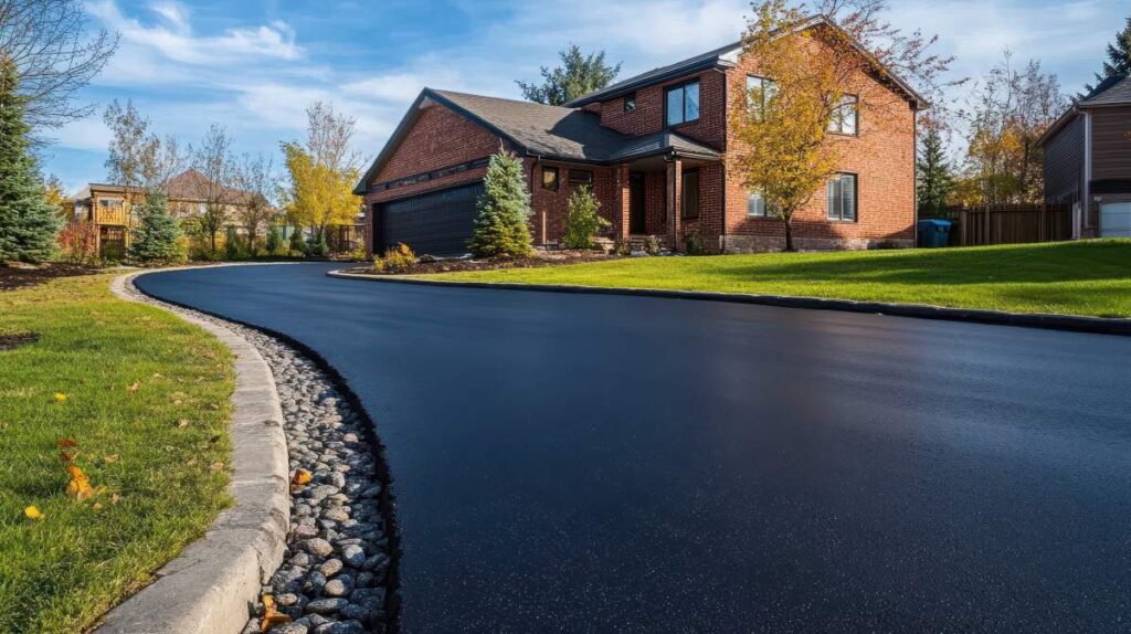 Close view of cracked asphalt beside melting snow, with water collecting in the pavement gaps.
